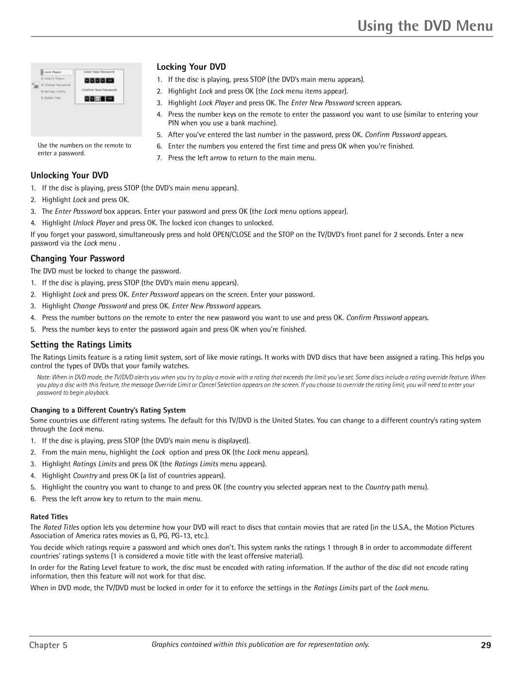 RCA HDTV/DVD Monitor manual Locking Your DVD, Unlocking Your DVD, Changing Your Password, Setting the Ratings Limits 