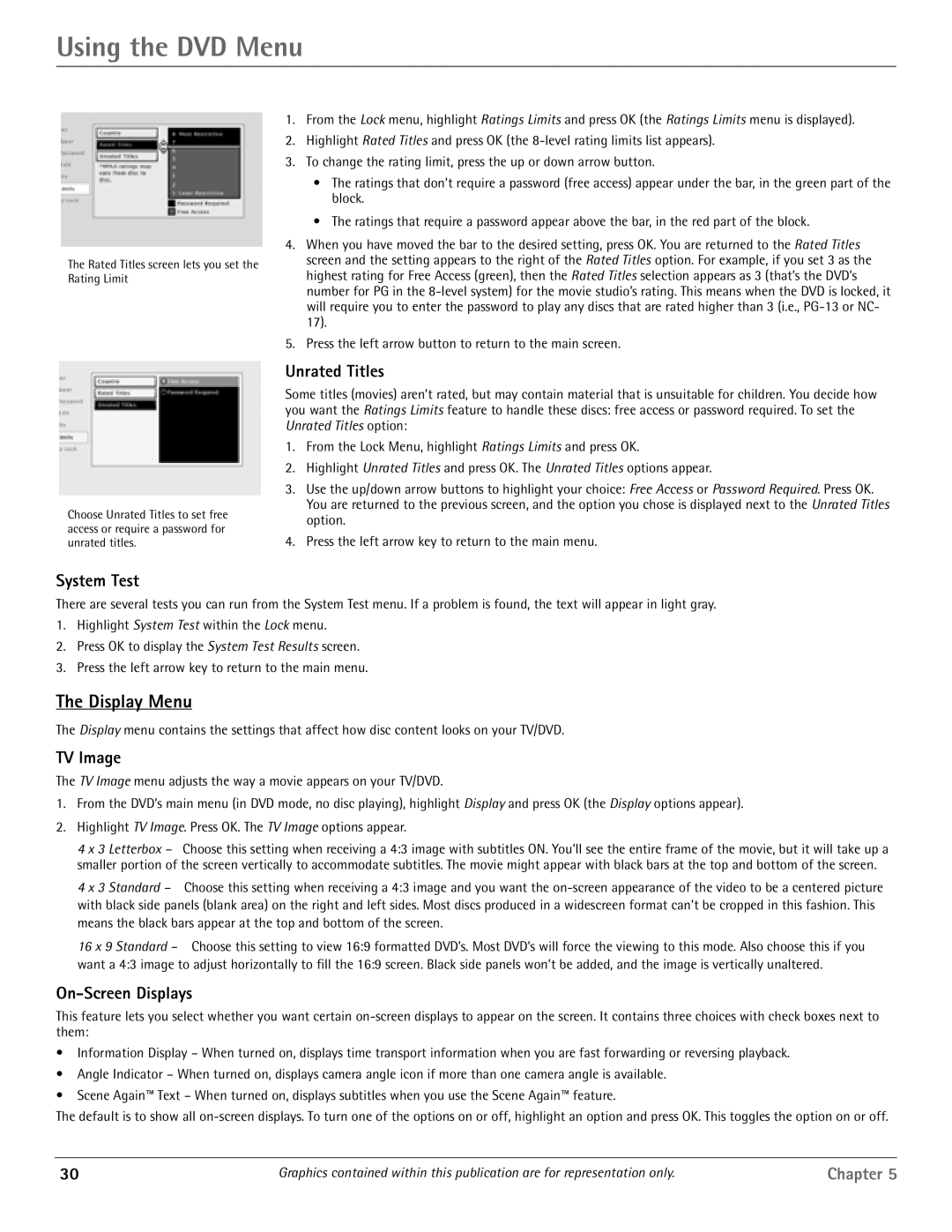 RCA HDTV/DVD Monitor manual Display Menu, Unrated Titles, System Test, TV Image, On-Screen Displays 