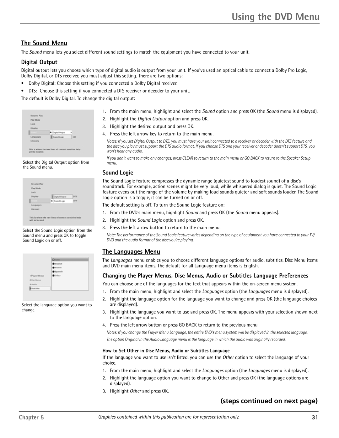 RCA HDTV/DVD Monitor manual Sound Menu, Languages Menu, Steps on next, Digital Output, Sound Logic 