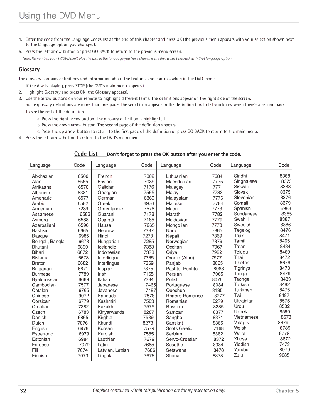 RCA HDTV/DVD Monitor manual Glossary, Language Code 