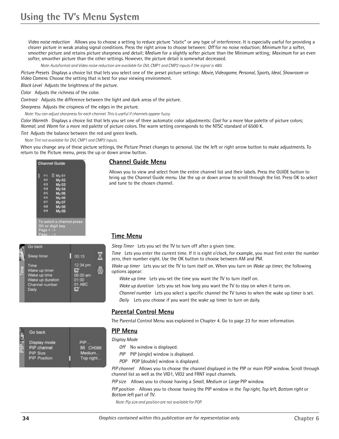 RCA HDTV/DVD Monitor manual Using the TV’s Menu System, Channel Guide Menu, Time Menu, Parental Control Menu, PIP Menu 