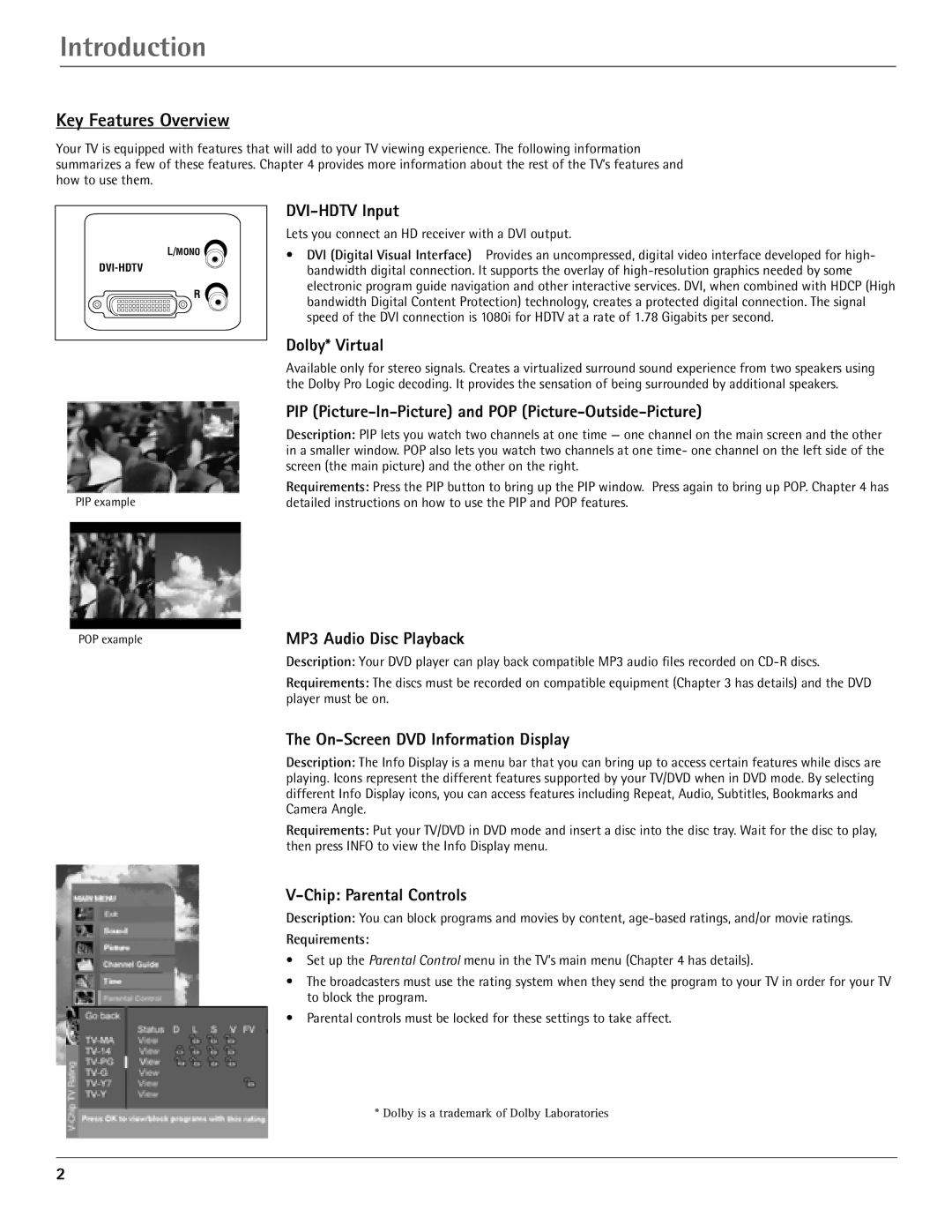 RCA HDTV/DVD Monitor manual Introduction, Key Features Overview 