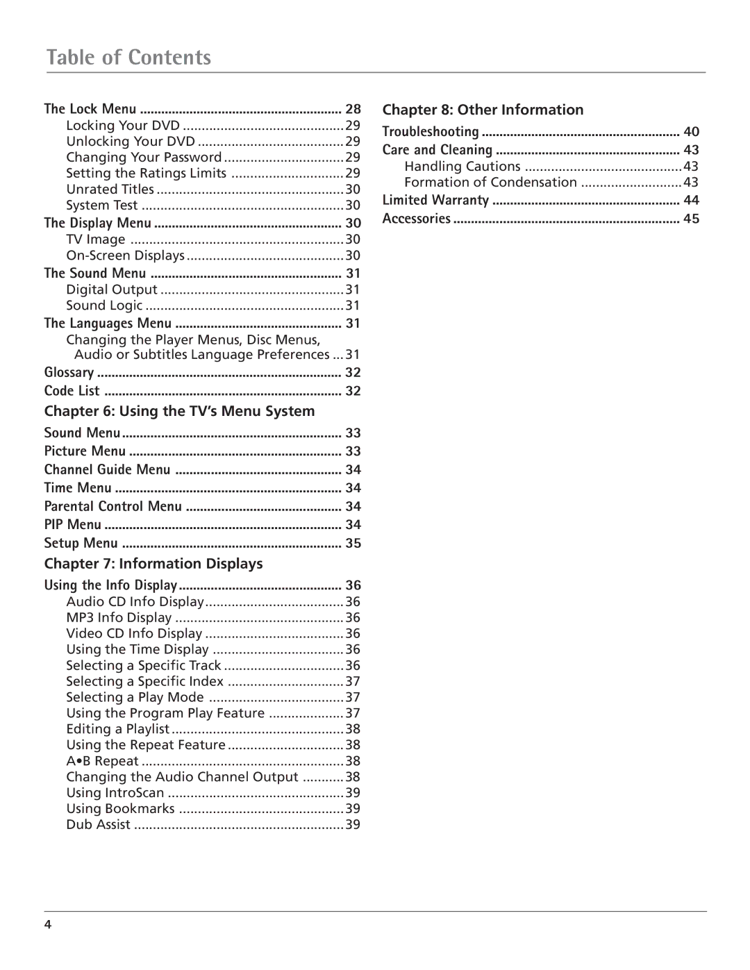 RCA HDTV/DVD Monitor manual Using the TV’s Menu System, Information Displays, Other Information 