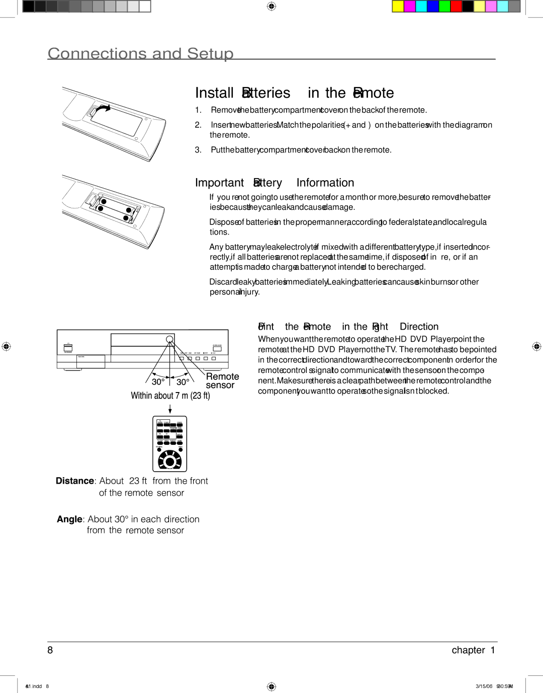 RCA HDV5000 manual Install Batteries in the Remote, Important Battery Information, Point the Remote in the Right Direction 