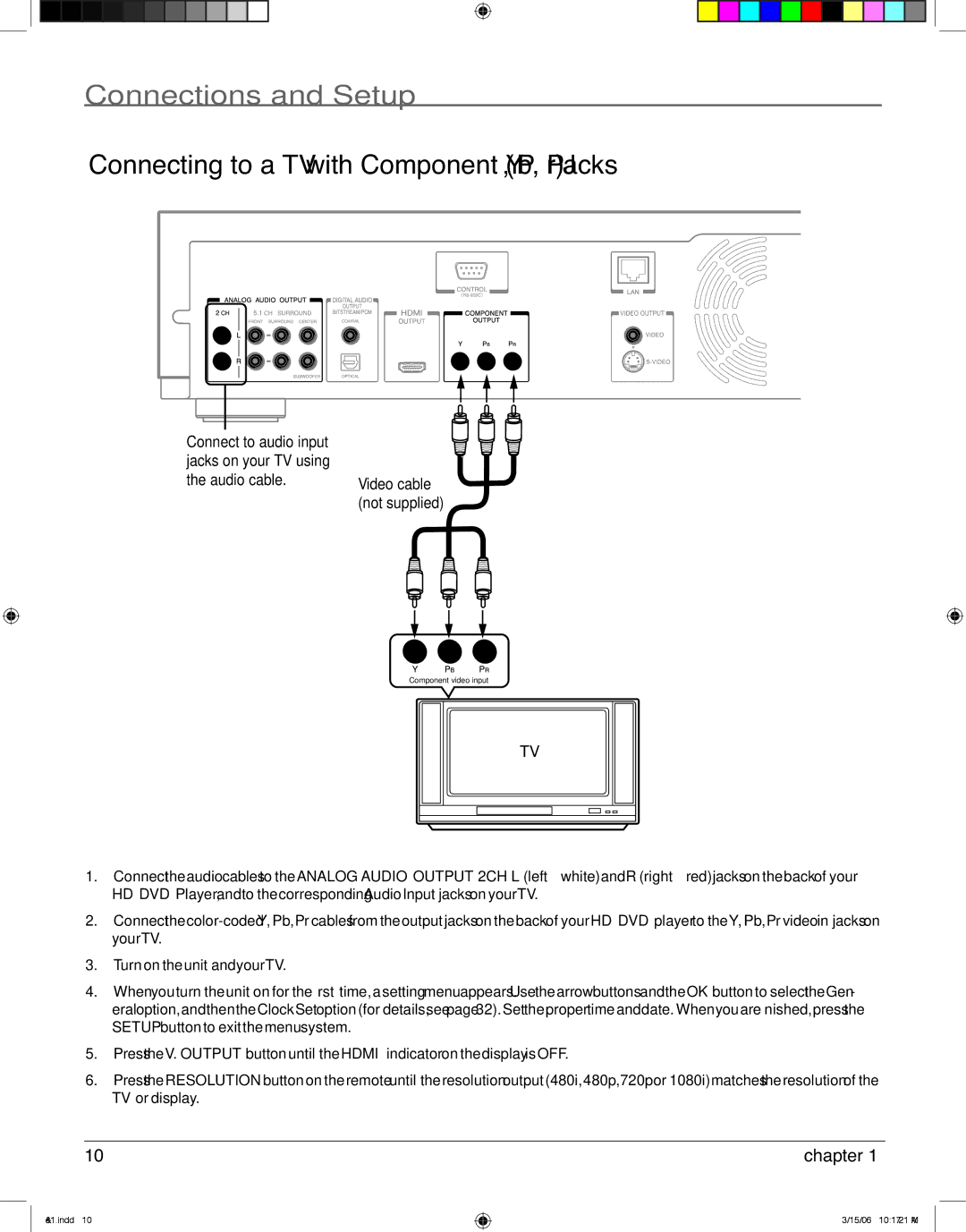 RCA HDV5000 manual Connecting to a TV with Component Y, Pb, Pr Jacks, Audio cable. Video cable not supplied 
