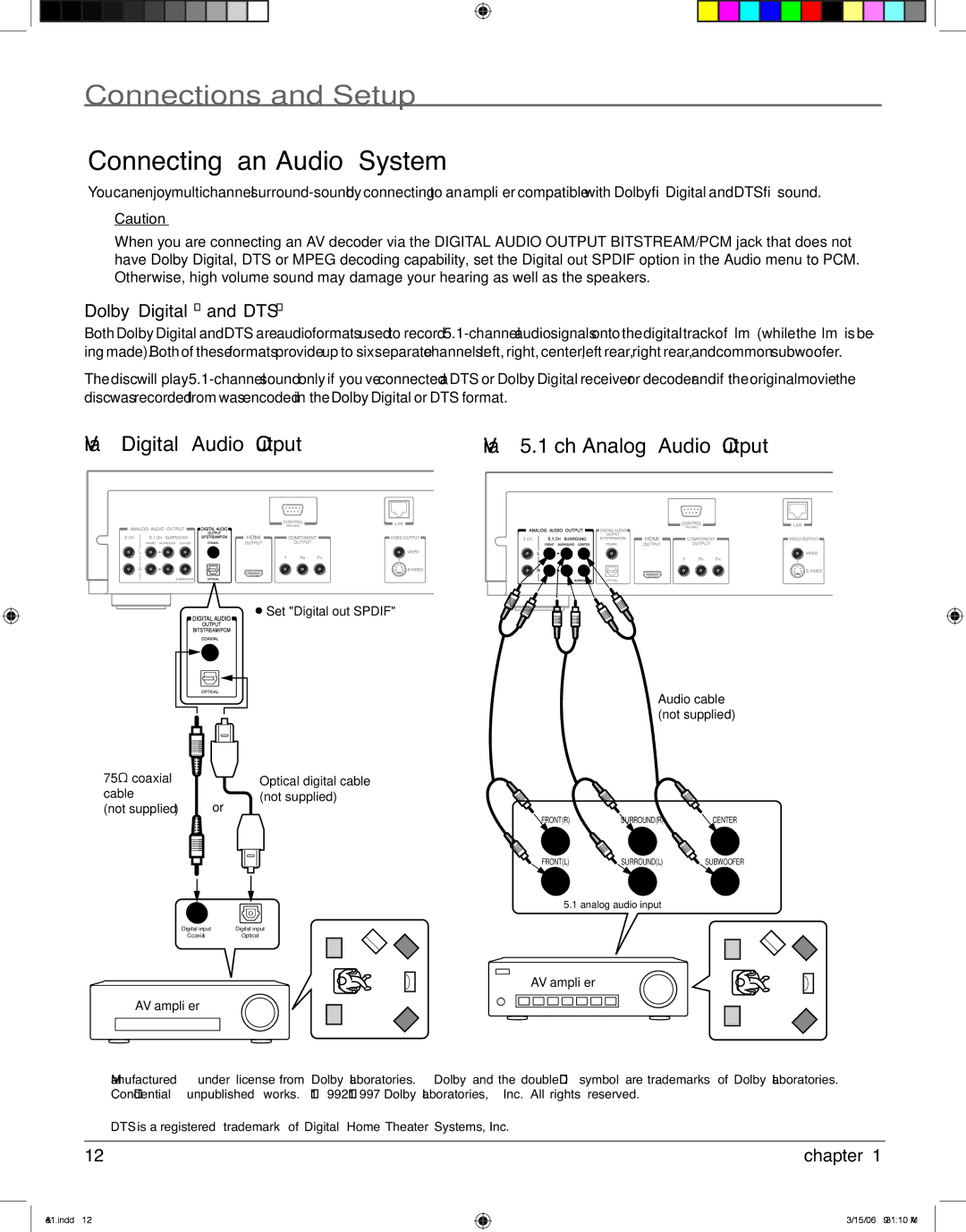 RCA HDV5000 manual Connecting an Audio System, Via Digital Audio Output, Dolby Digital and DTS 