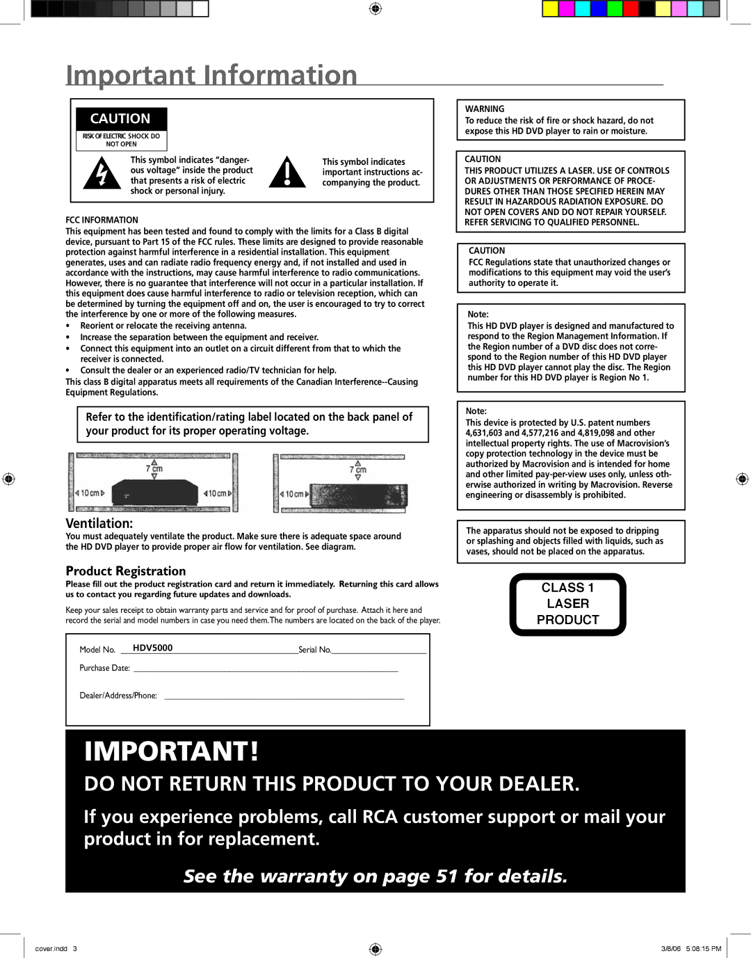 RCA HDV5000 manual Ventilation, Product Registration 