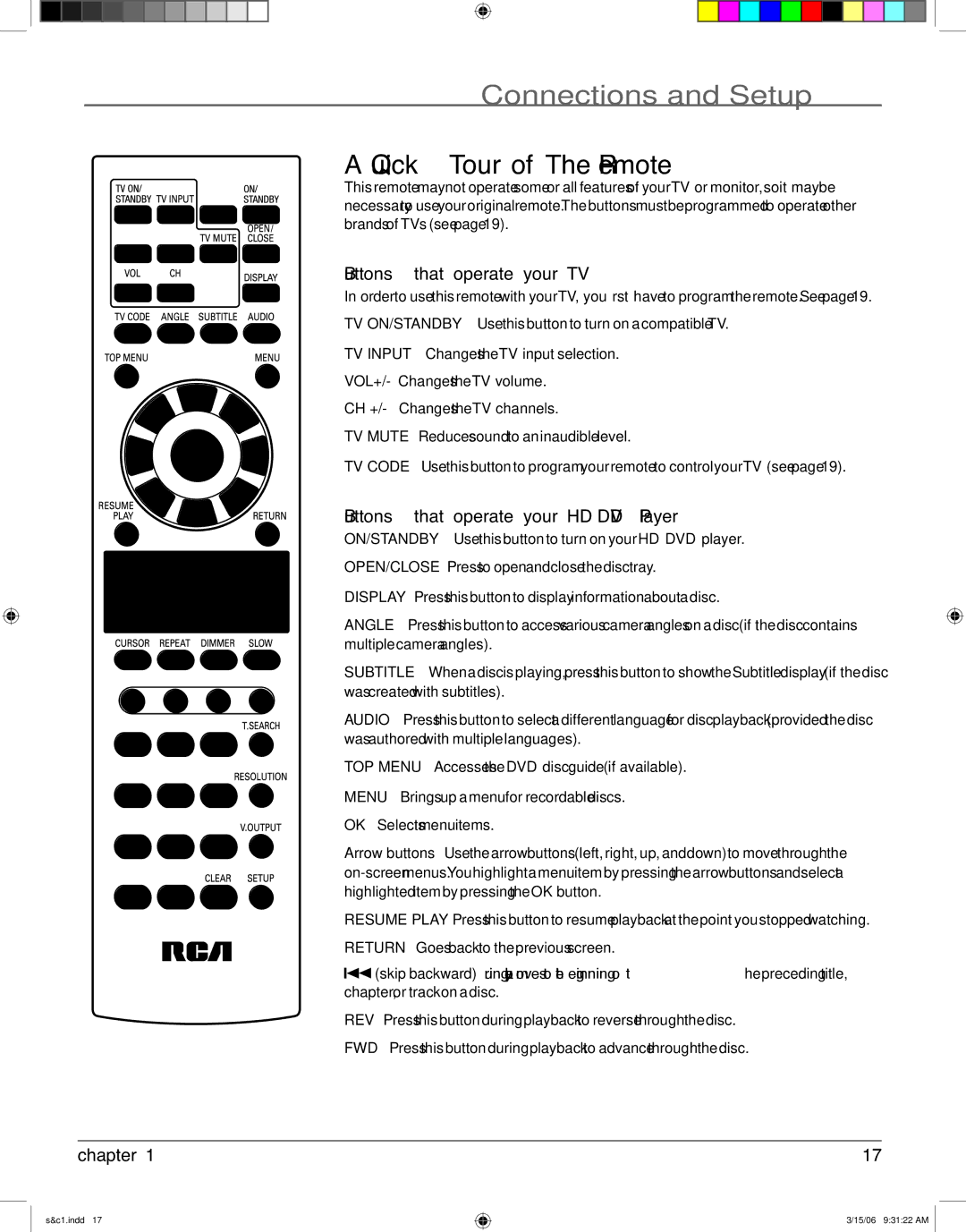 RCA HDV5000 manual Quick Tour of The Remote, Buttons that operate your TV, Buttons that operate your HD DVD Player 