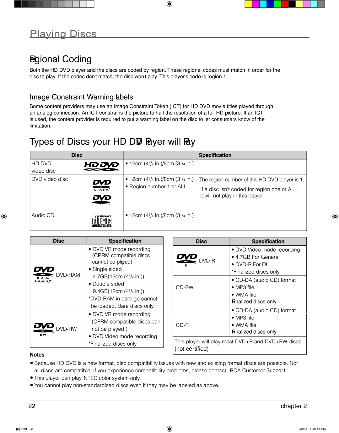 RCA HDV5000 Playing Discs, Regional Coding, Types of Discs your HD DVD Player will Play, Image Constraint Warning Labels 