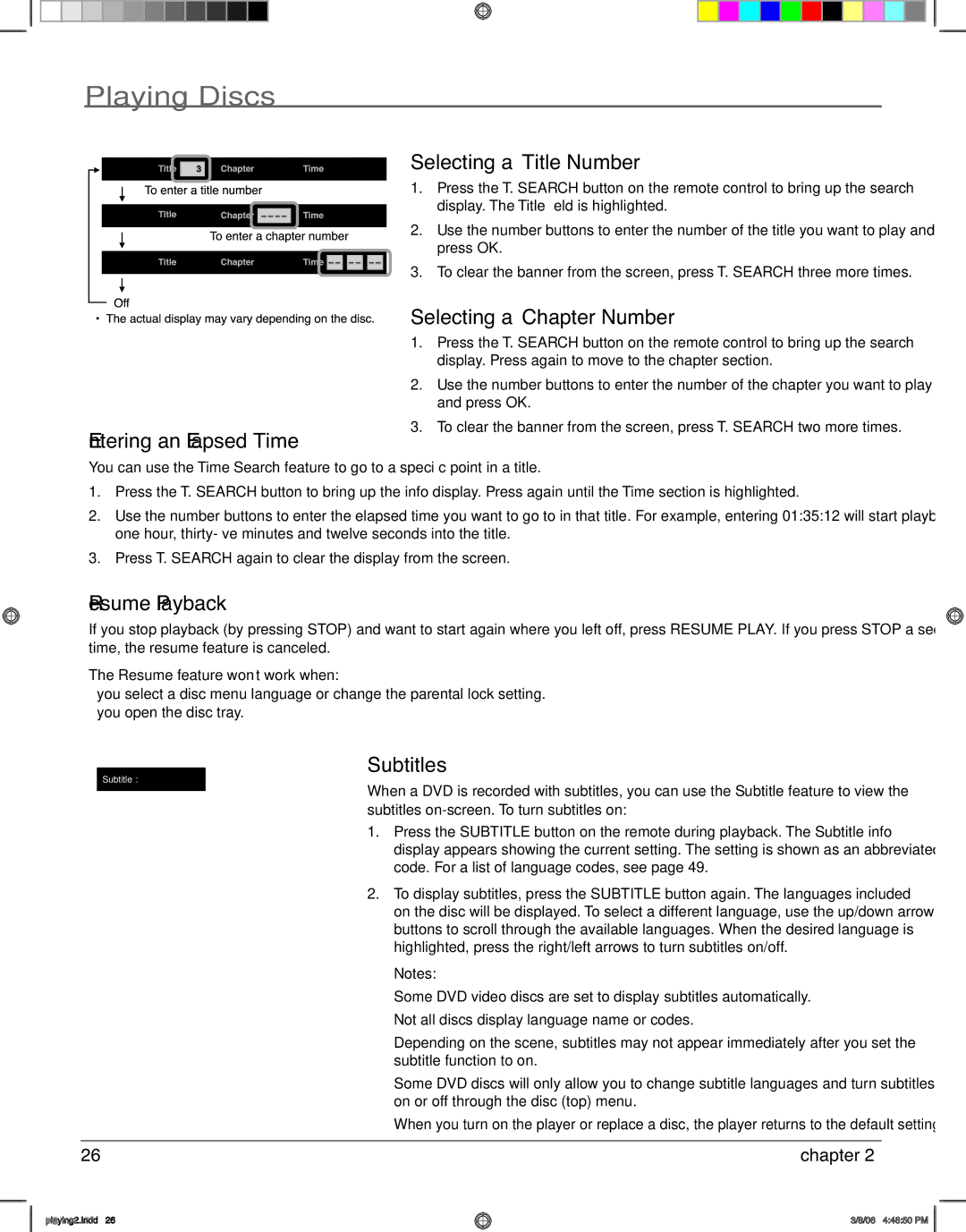 RCA HDV5000 Selecting a Title Number, Selecting a Chapter Number Entering an Elapsed Time, Resume Playback, Subtitles 