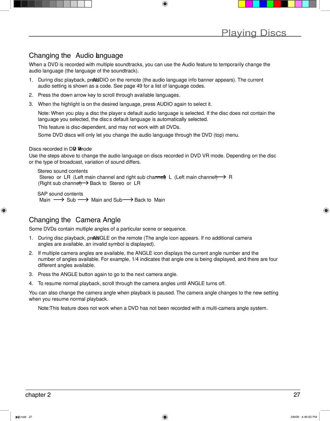 RCA HDV5000 manual Changing the Audio Language, Changing the Camera Angle, Discs recorded in DVD VR mode 