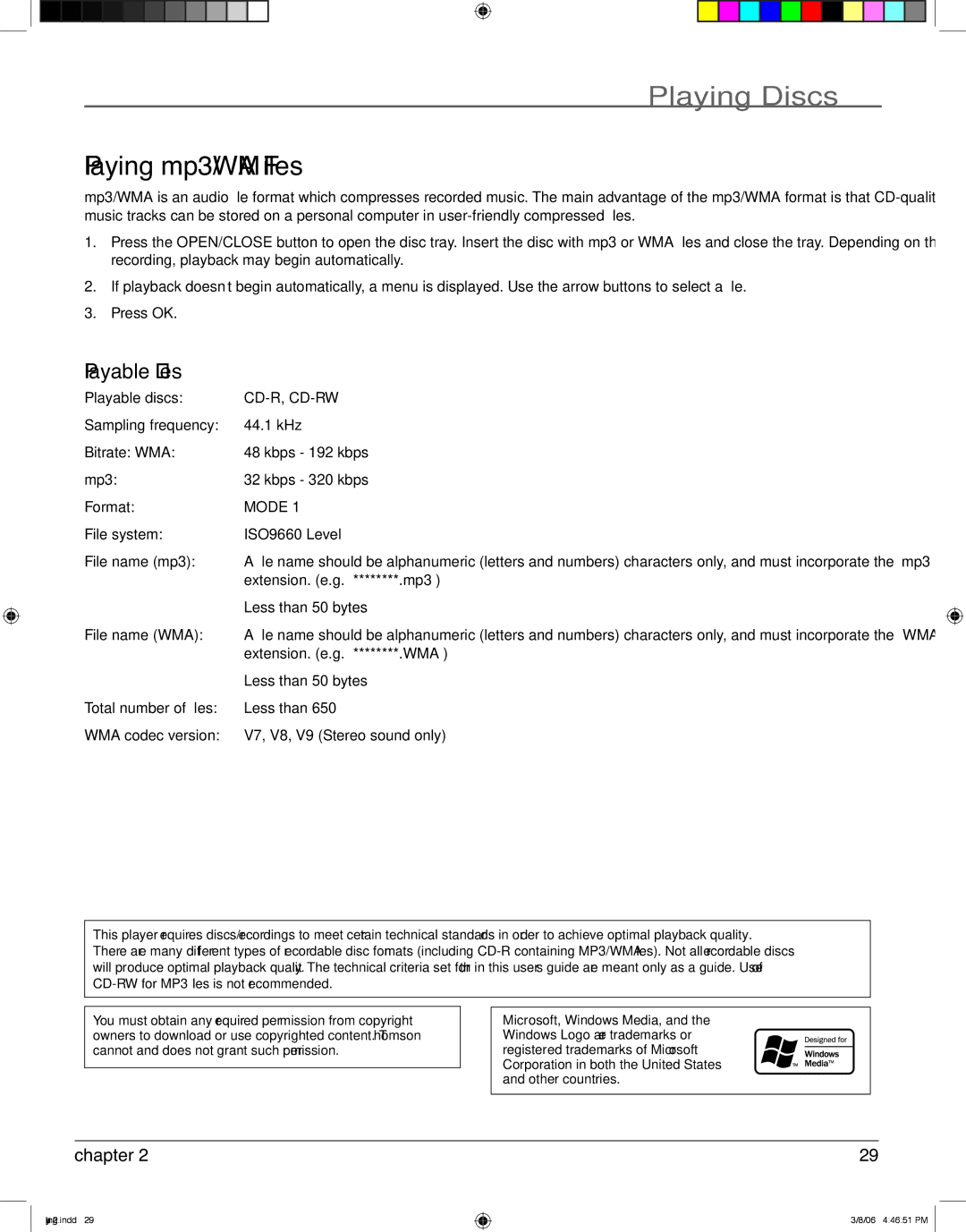 RCA HDV5000 manual Playing mp3/WMA Files, Playable files 