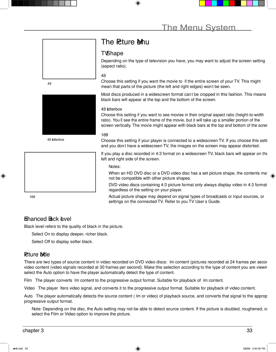 RCA HDV5000 manual Picture Menu, TV Shape, Enhanced Black Level, Picture Mode 