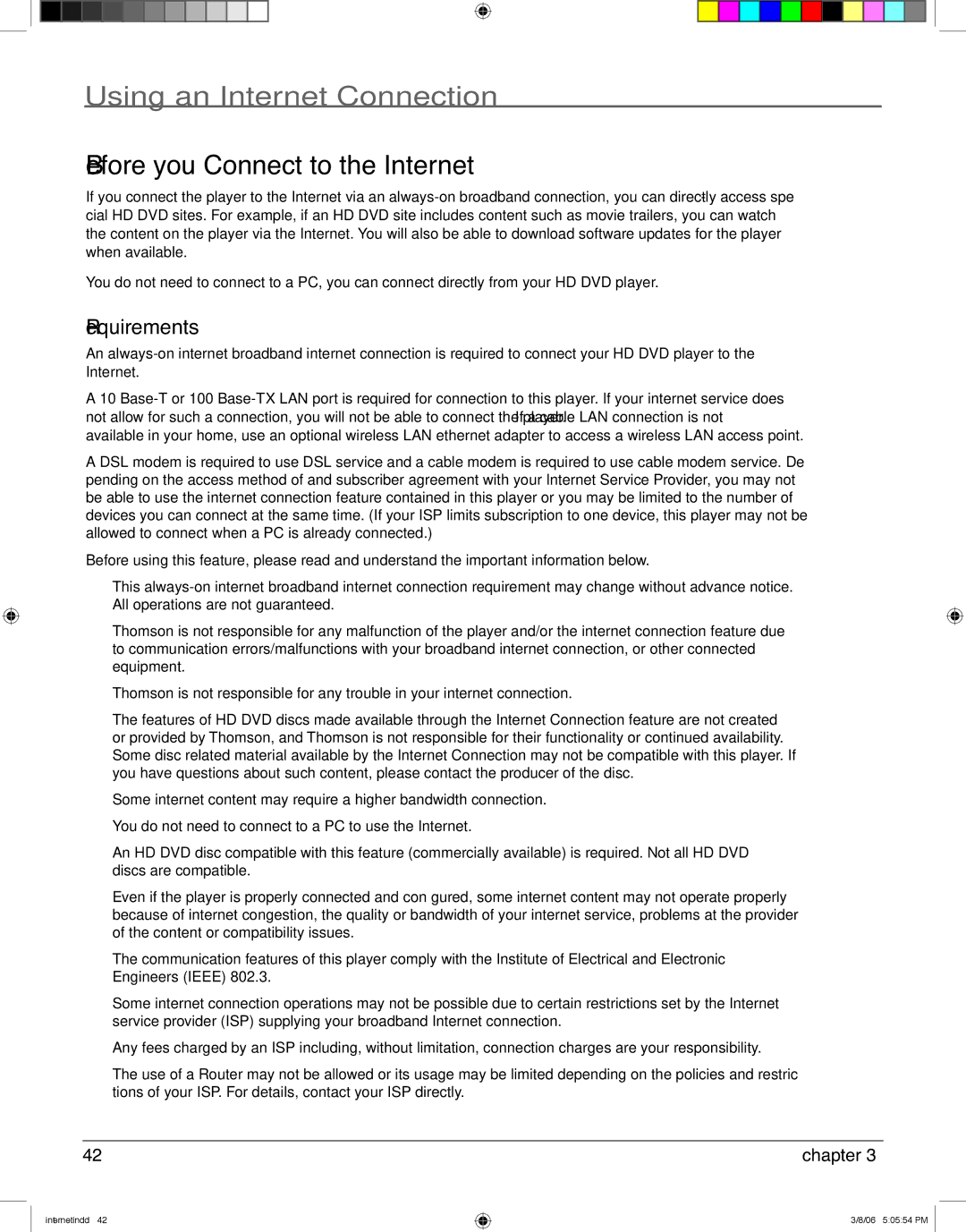 RCA HDV5000 manual Using an Internet Connection, Before you Connect to the Internet, Requirements 