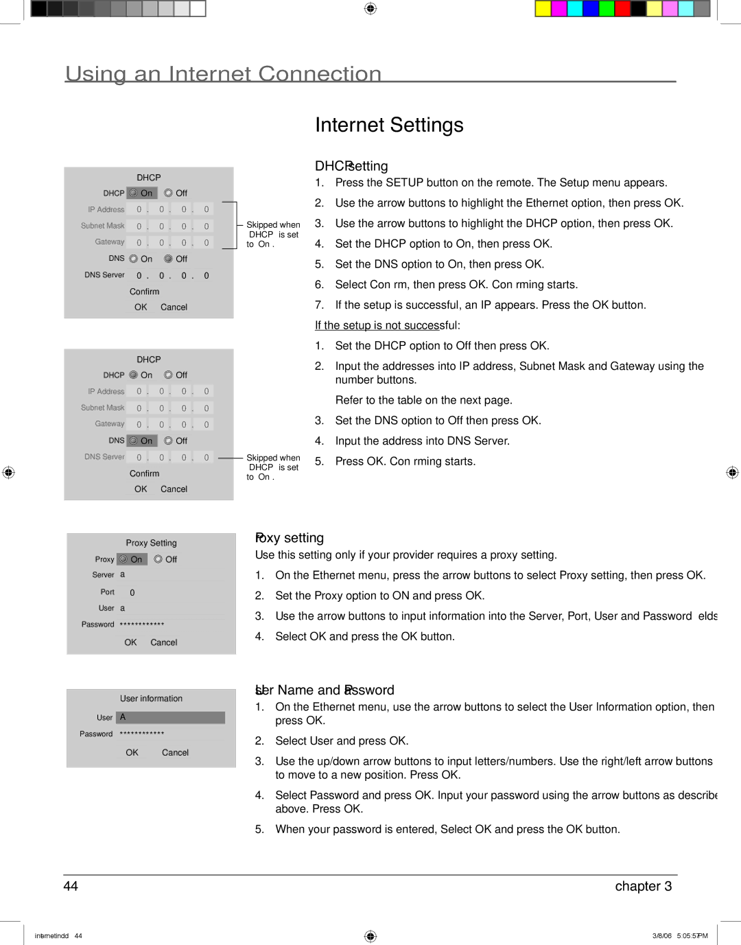 RCA HDV5000 manual Internet Settings, Dhcp setting, Proxy setting, User Name and Password 