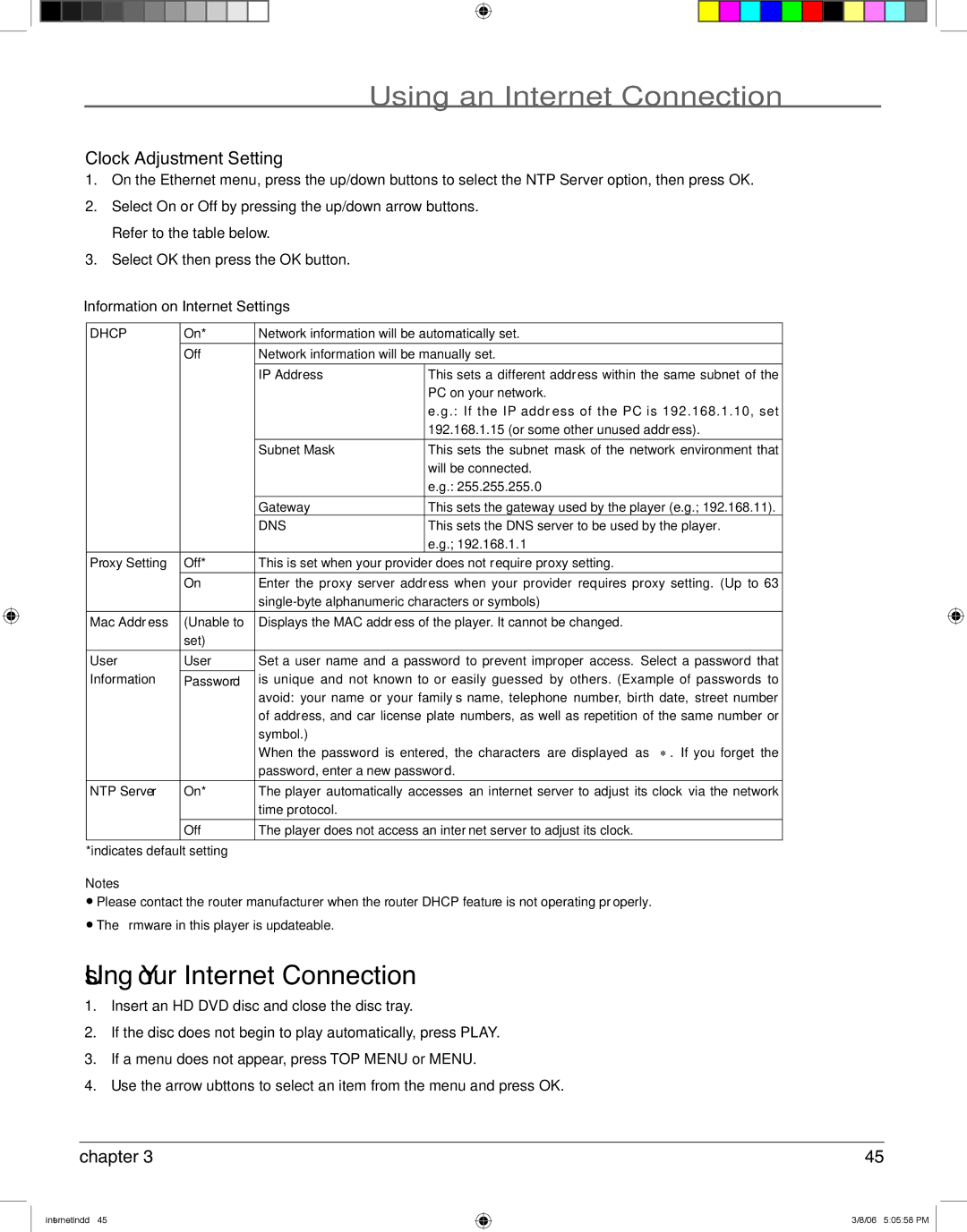 RCA HDV5000 manual Using Your Internet Connection, Clock Adjustment Setting, Information on Internet Settings 