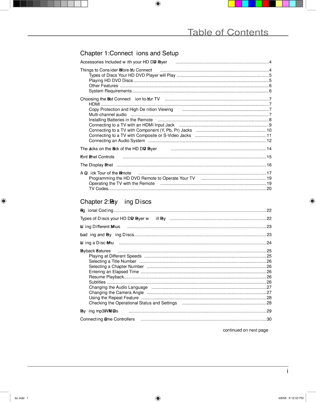 RCA HDV5000 manual Table of Contents 