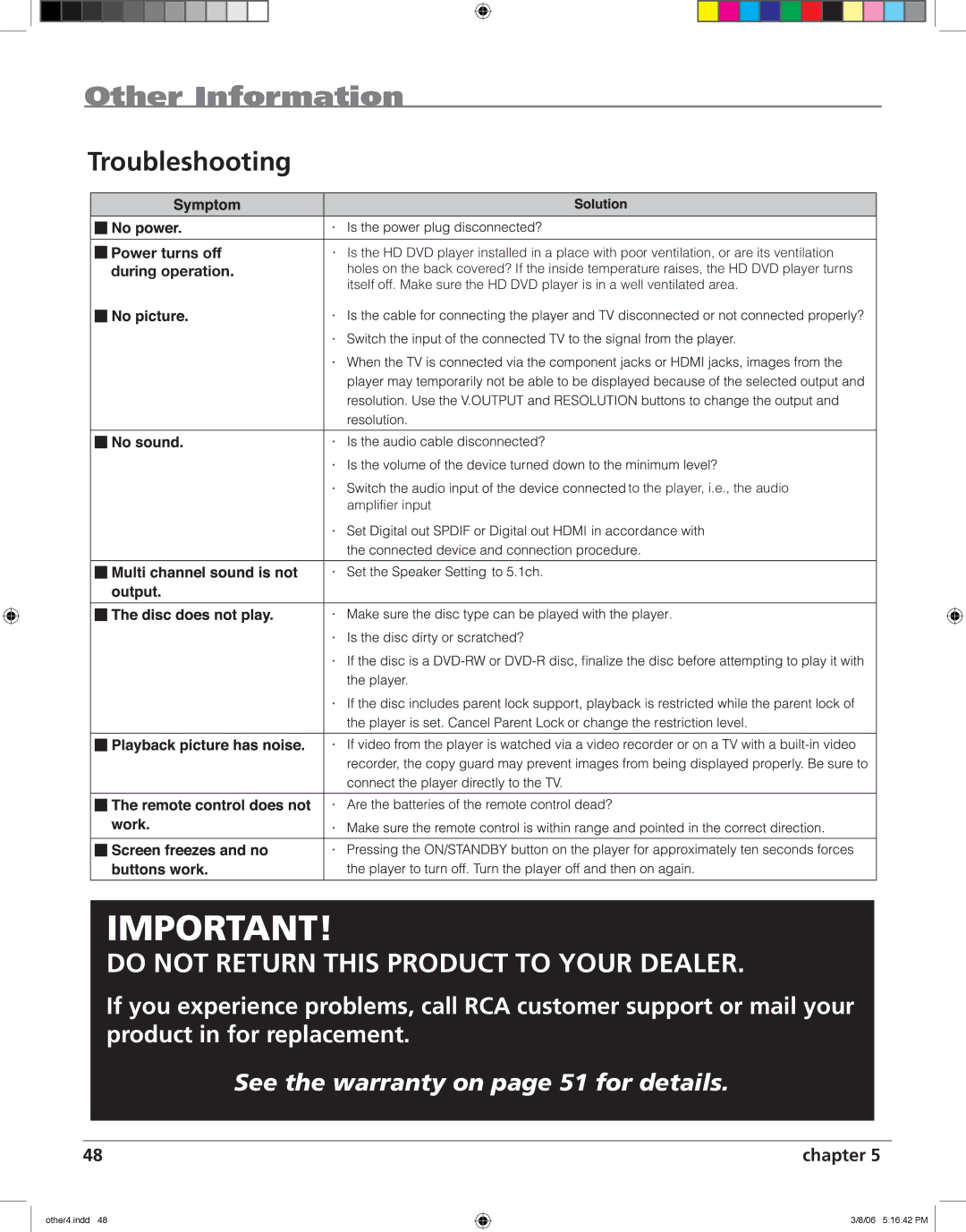 RCA HDV5000 manual Other Information, Troubleshooting, Power turns off during operation 