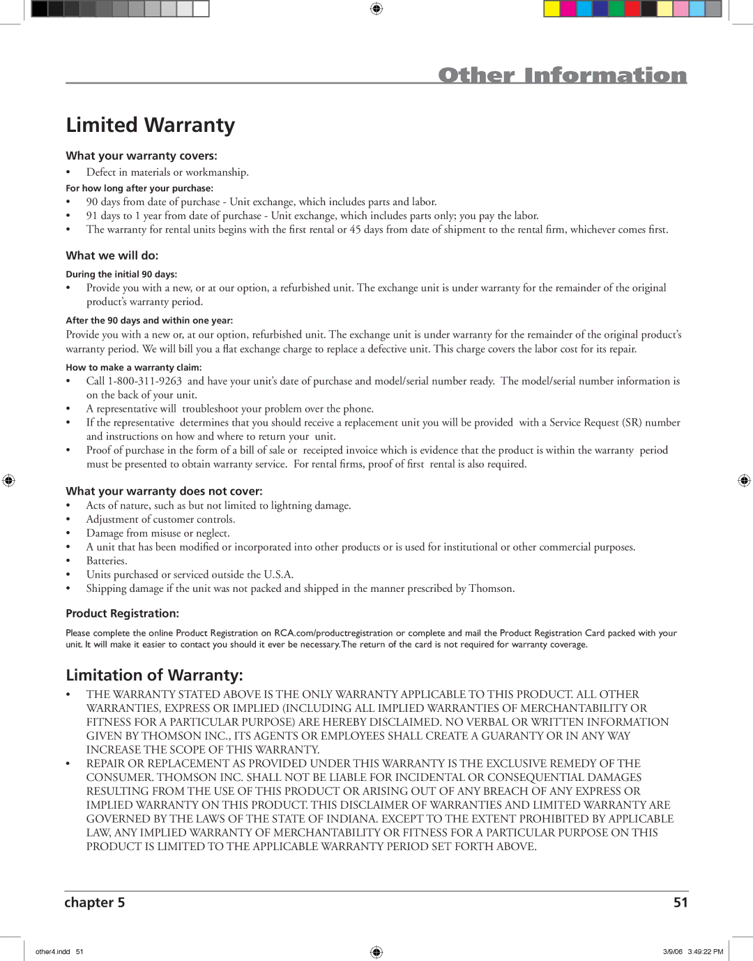 RCA HDV5000 manual Limited Warranty, Limitation of Warranty 