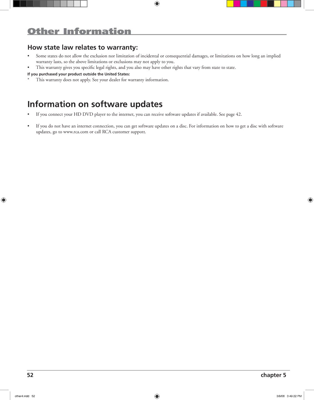 RCA HDV5000 manual Information on software updates, How state law relates to warranty 