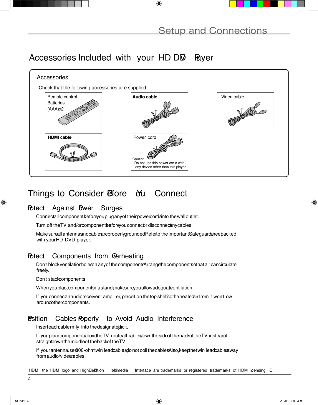 RCA HDV5000 Setup and Connections, Accessories Included with your HD DVD Player, Things to Consider Before You Connect 