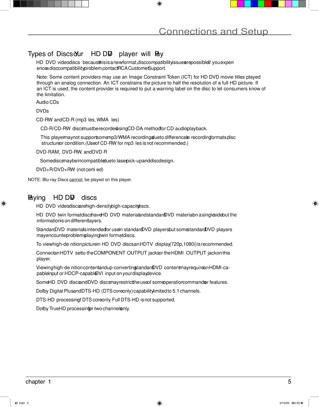 RCA HDV5000 manual Connections and Setup, Types of Discs Your HD DVD player will Play, Playing HD DVD discs, Chapter 