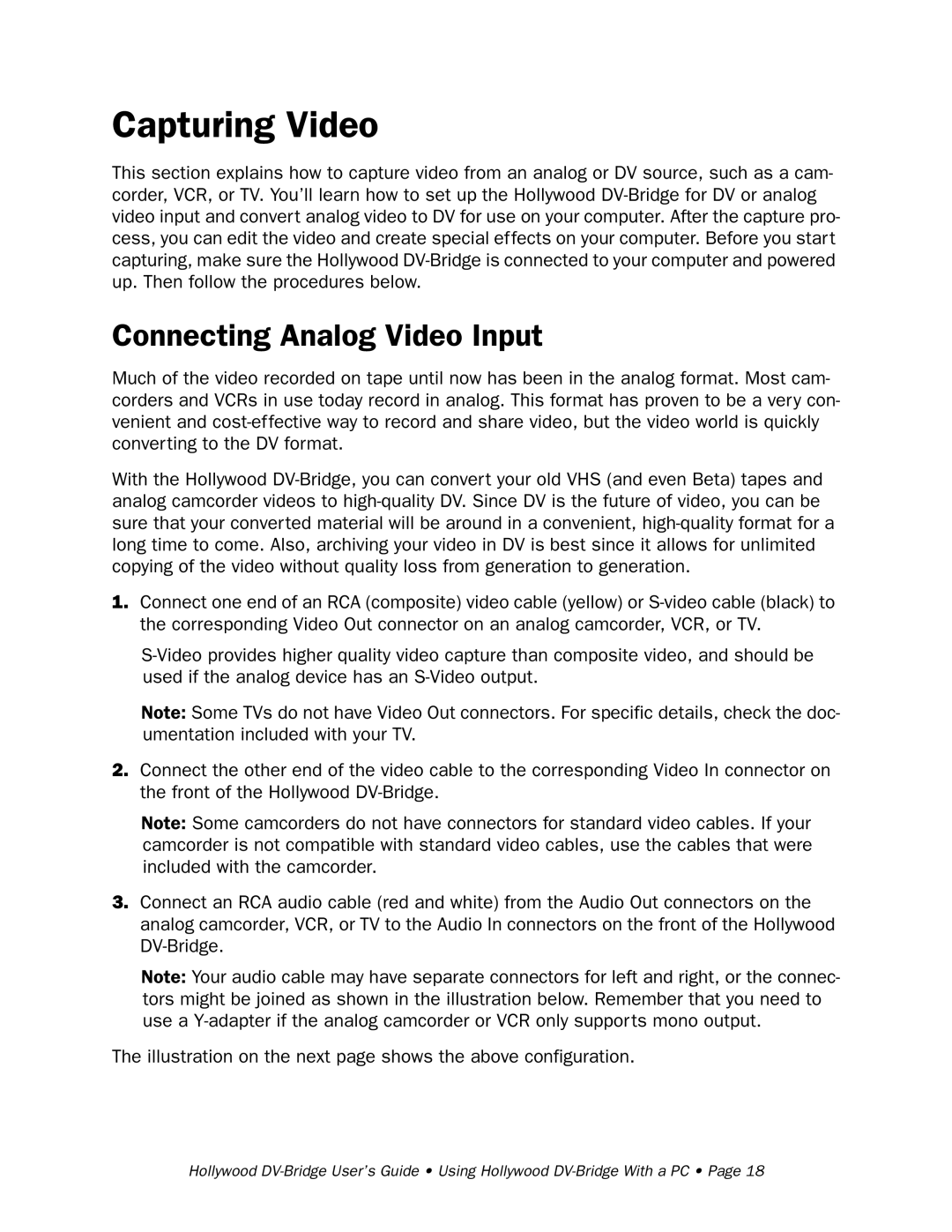 RCA Hollywood DV-Bridge manual Capturing Video, Connecting Analog Video Input 