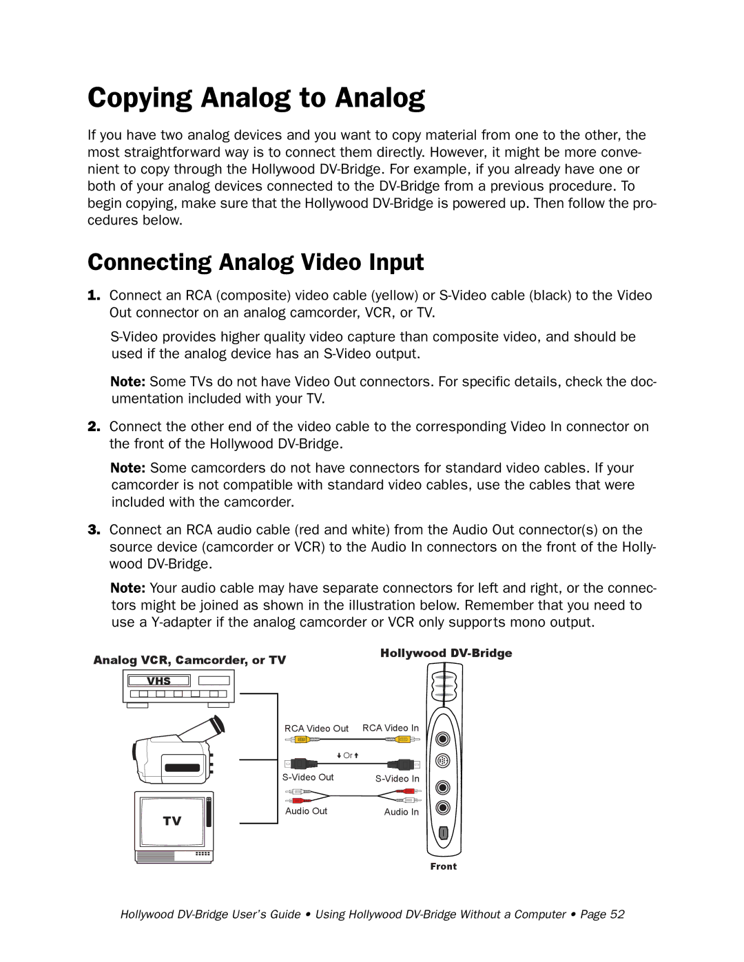 RCA Hollywood DV-Bridge manual Copying Analog to Analog, Analog VCR, Camcorder, or TV 