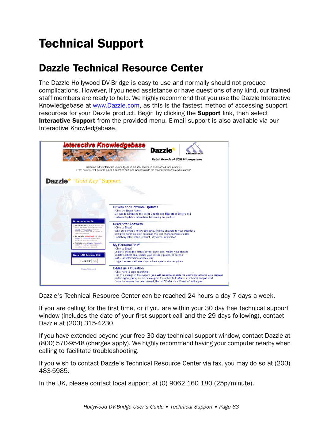 RCA Hollywood DV-Bridge manual Technical Support, Dazzle Technical Resource Center 