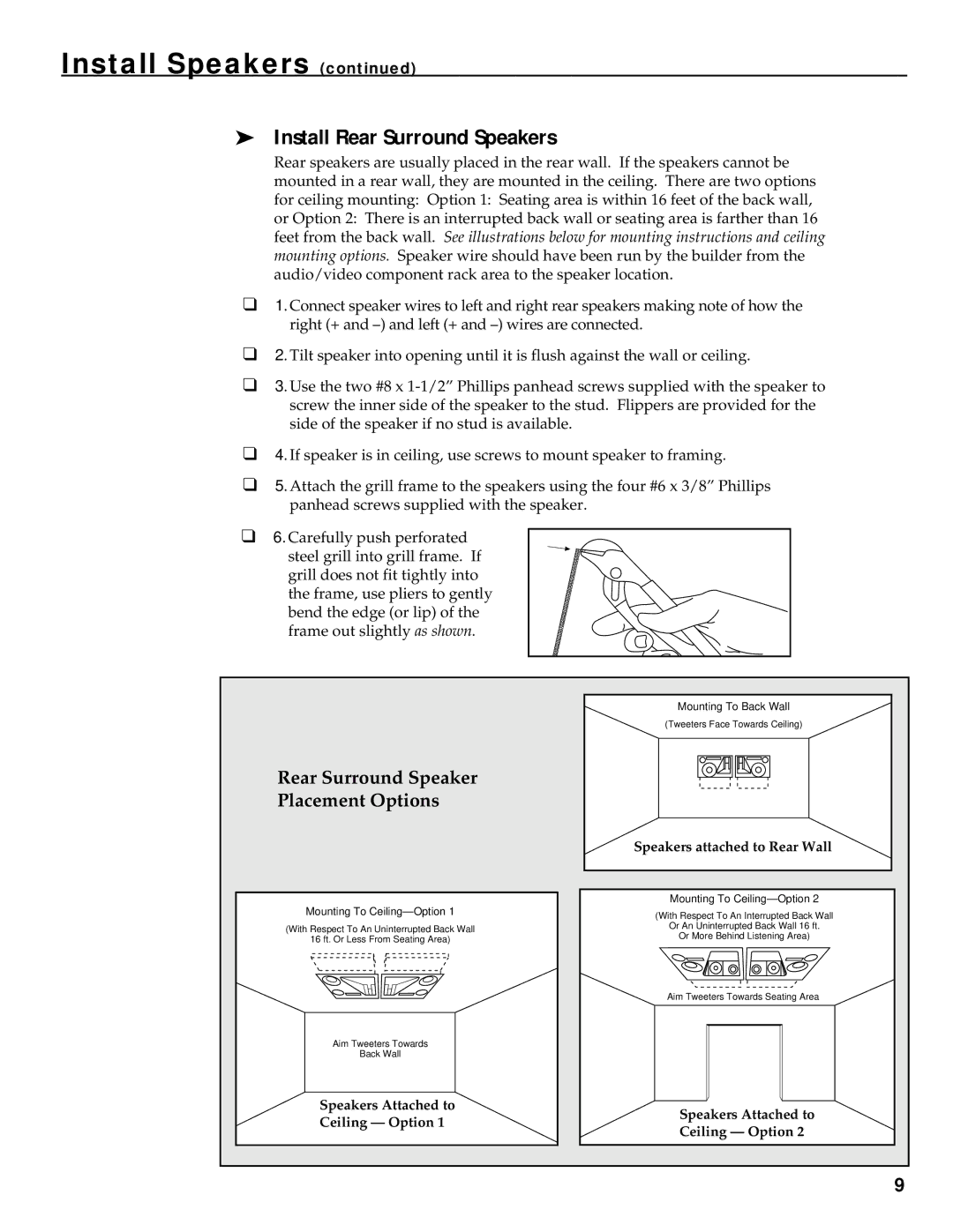 RCA HT35752BD manual Install Rear Surround Speakers, Rear Surround Speaker Placement Options 