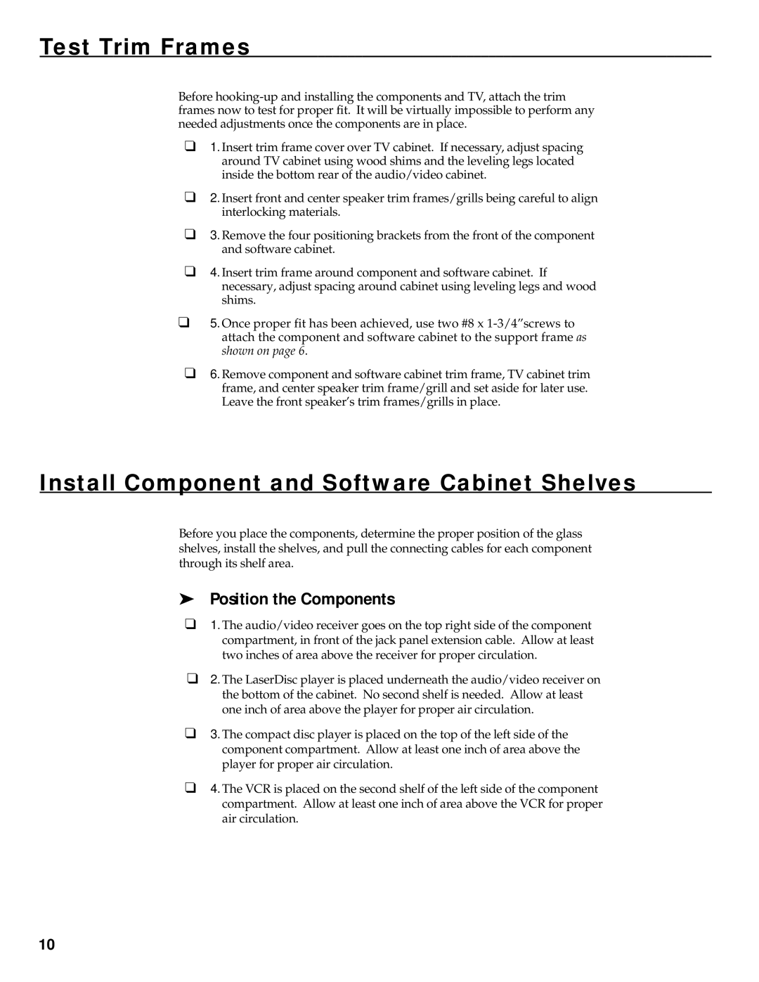 RCA HT35752BD manual Test Trim Frames, Install Component and Software Cabinet Shelves, Position the Components 