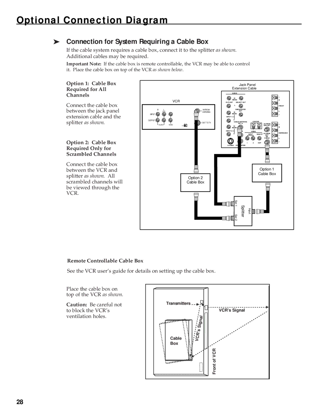 RCA HT35752BD manual Optional Connection Diagram, Connection for System Requiring a Cable Box 