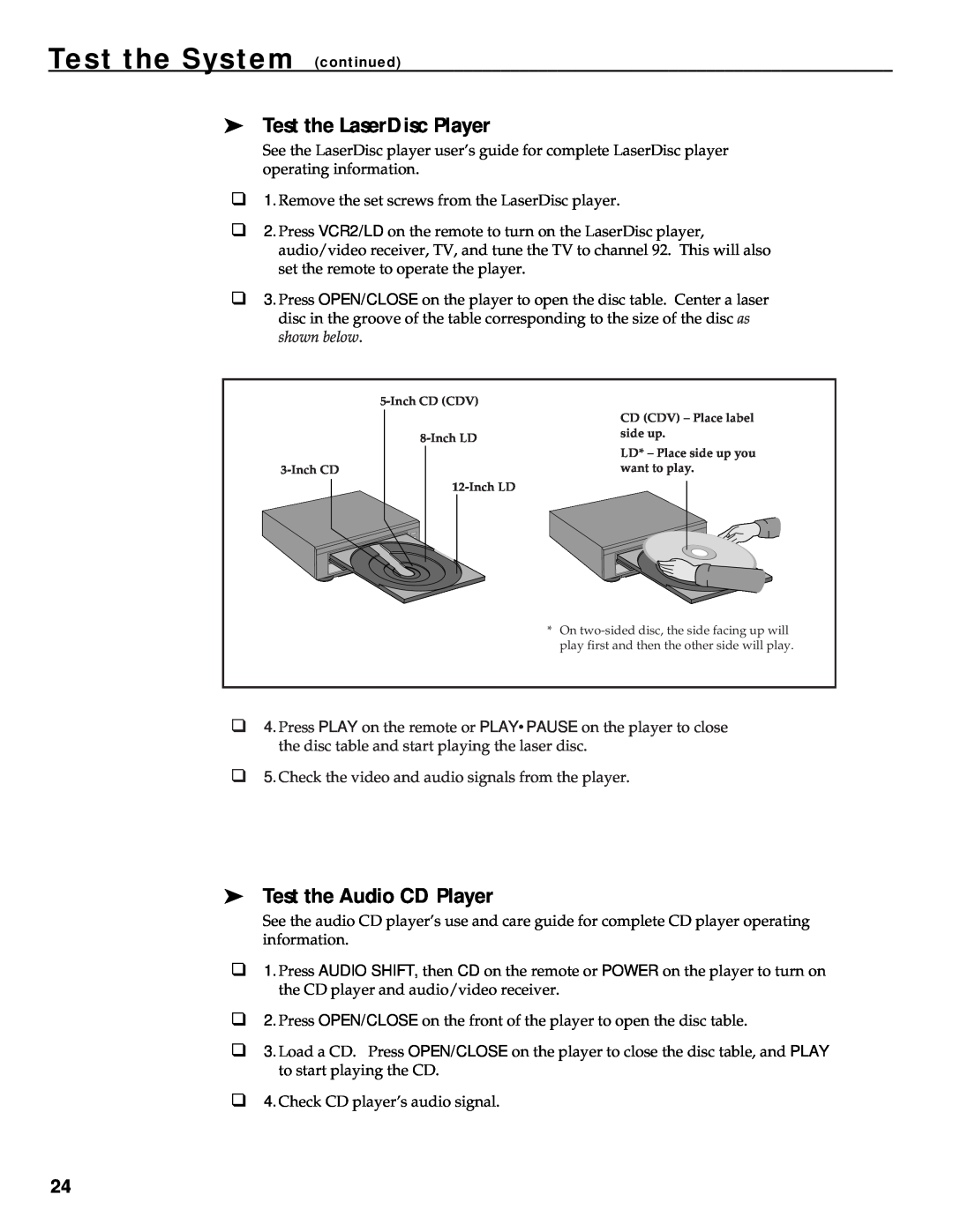 RCA HT35752BD manual Test the LaserDisc Player, Test the Audio CD Player, Test the System continued 