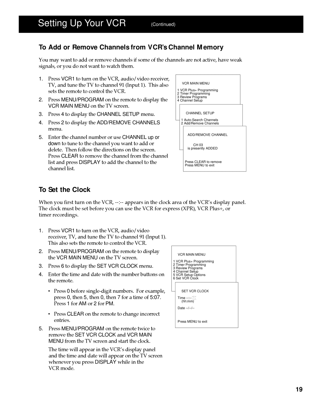RCA HT35713BD, HT60903BD, 253 Series manual To Add or Remove Channels from VCR’s Channel Memory, To Set the Clock 