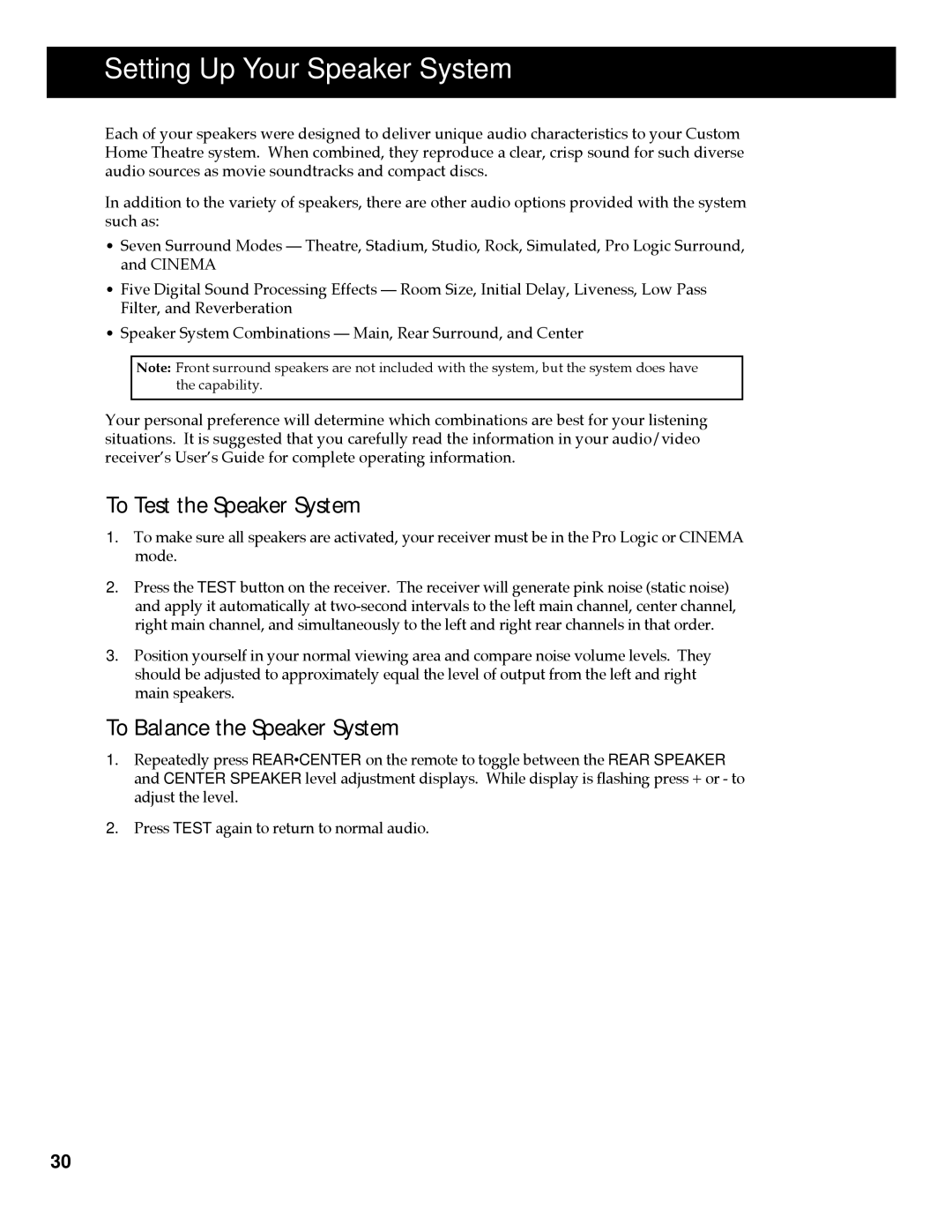 RCA HT60903BD, HT35713BD manual Setting Up Your Speaker System, To Test the Speaker System, To Balance the Speaker System 