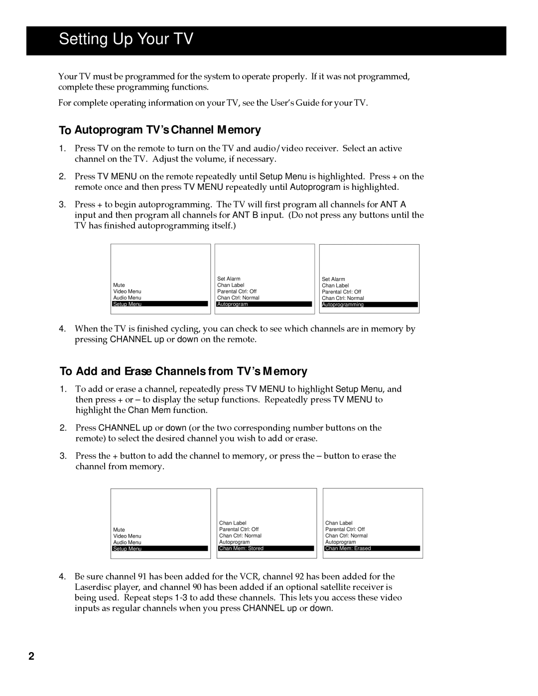 RCA HT60903BD manual Setting Up Your TV, To Autoprogram TV’s Channel Memory, To Add and Erase Channels from TV’s Memory 