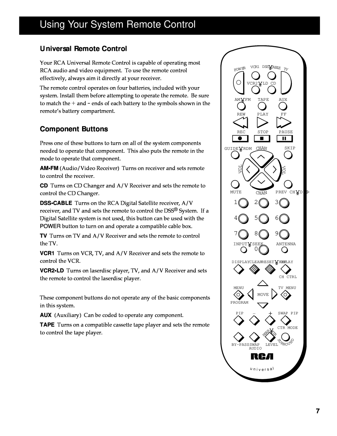 RCA HT35713BD, HT60903BD, 253 Series Universal Remote Control, Component Buttons, Using Your System Remote Control, 123 