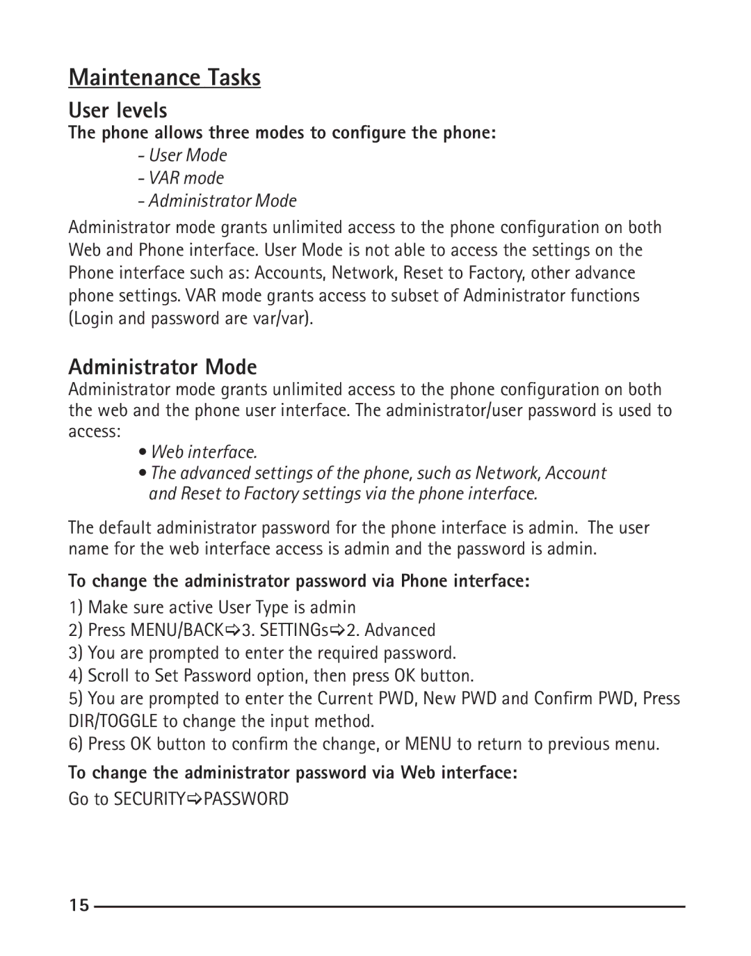 RCA IP110 manual Maintenance Tasks, User levels, Administrator Mode 