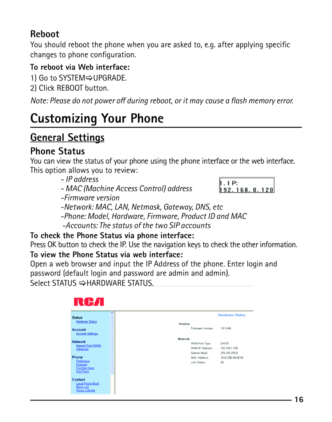 RCA IP110 manual General Settings, Reboot, Phone Status 