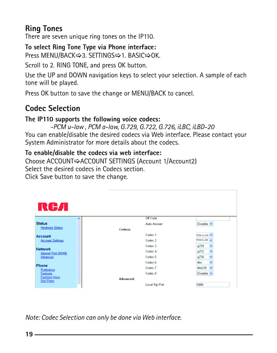 RCA IP110 manual Ring Tones, Codec Selection, To select Ring Tone Type via Phone interface 