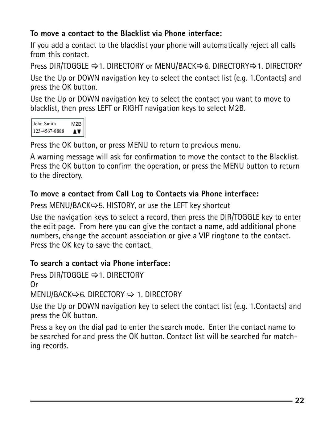 RCA IP110 manual To move a contact to the Blacklist via Phone interface, To search a contact via Phone interface 