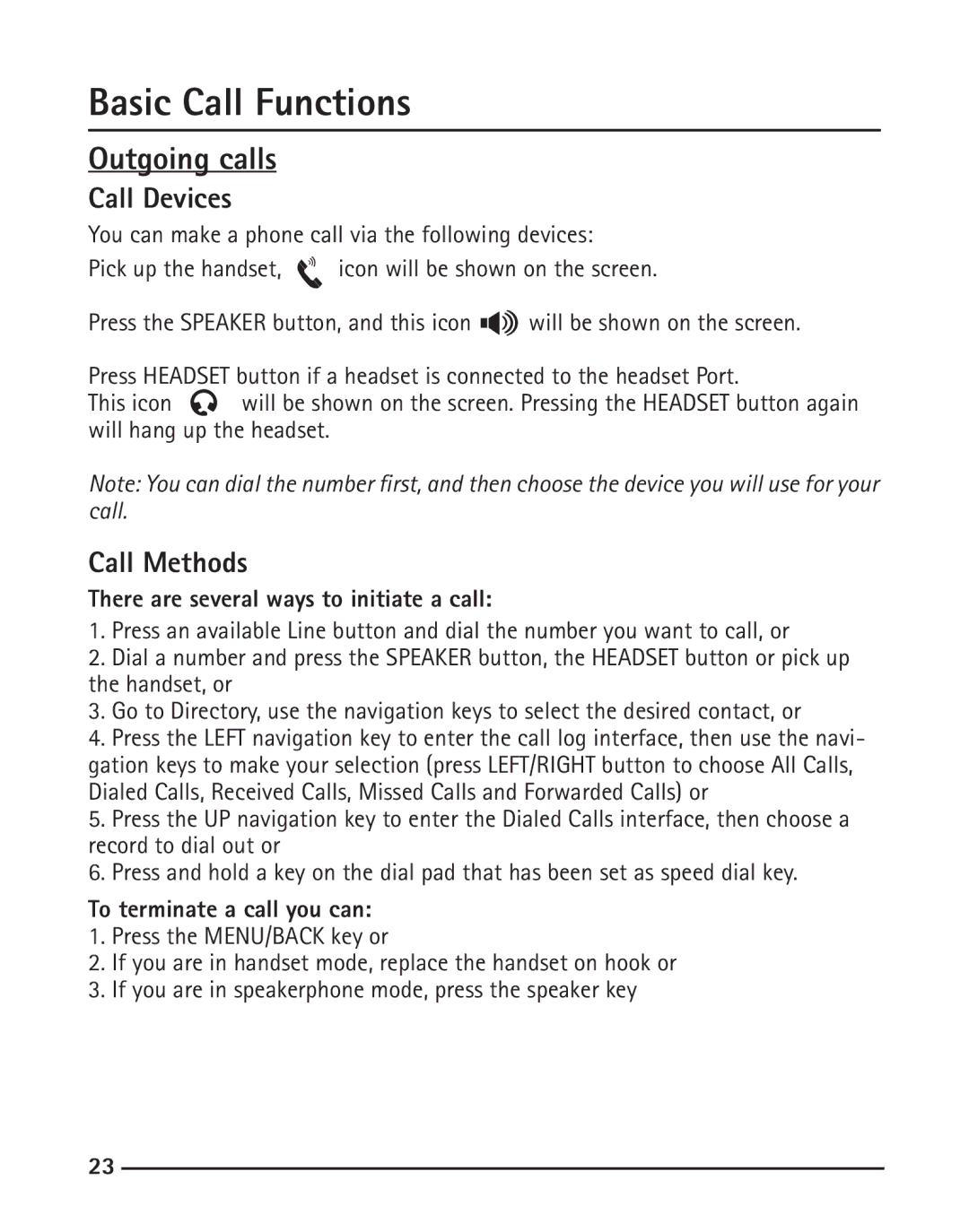 RCA IP110 manual Outgoing calls, Call Devices, Call Methods, There are several ways to initiate a call 