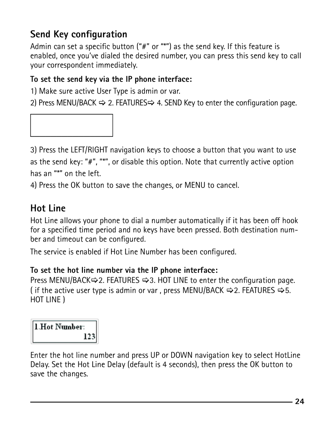 RCA IP110 manual Send Key configuration, Hot Line, To set the send key via the IP phone interface 