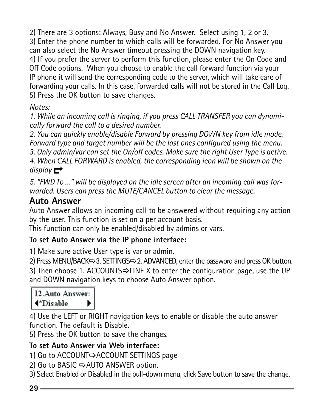 RCA IP110 manual To set Auto Answer via the IP phone interface, To set Auto Answer via Web interface 