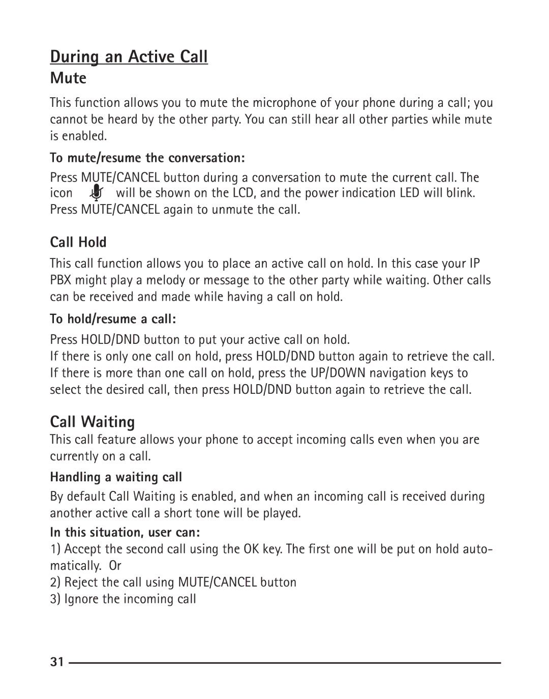 RCA IP110 manual During an Active Call, Mute, Call Waiting 