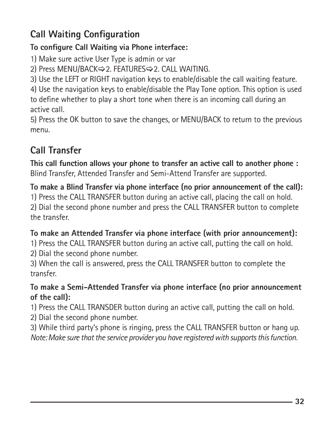 RCA IP110 manual Call Waiting Configuration, Call Transfer, To configure Call Waiting via Phone interface 