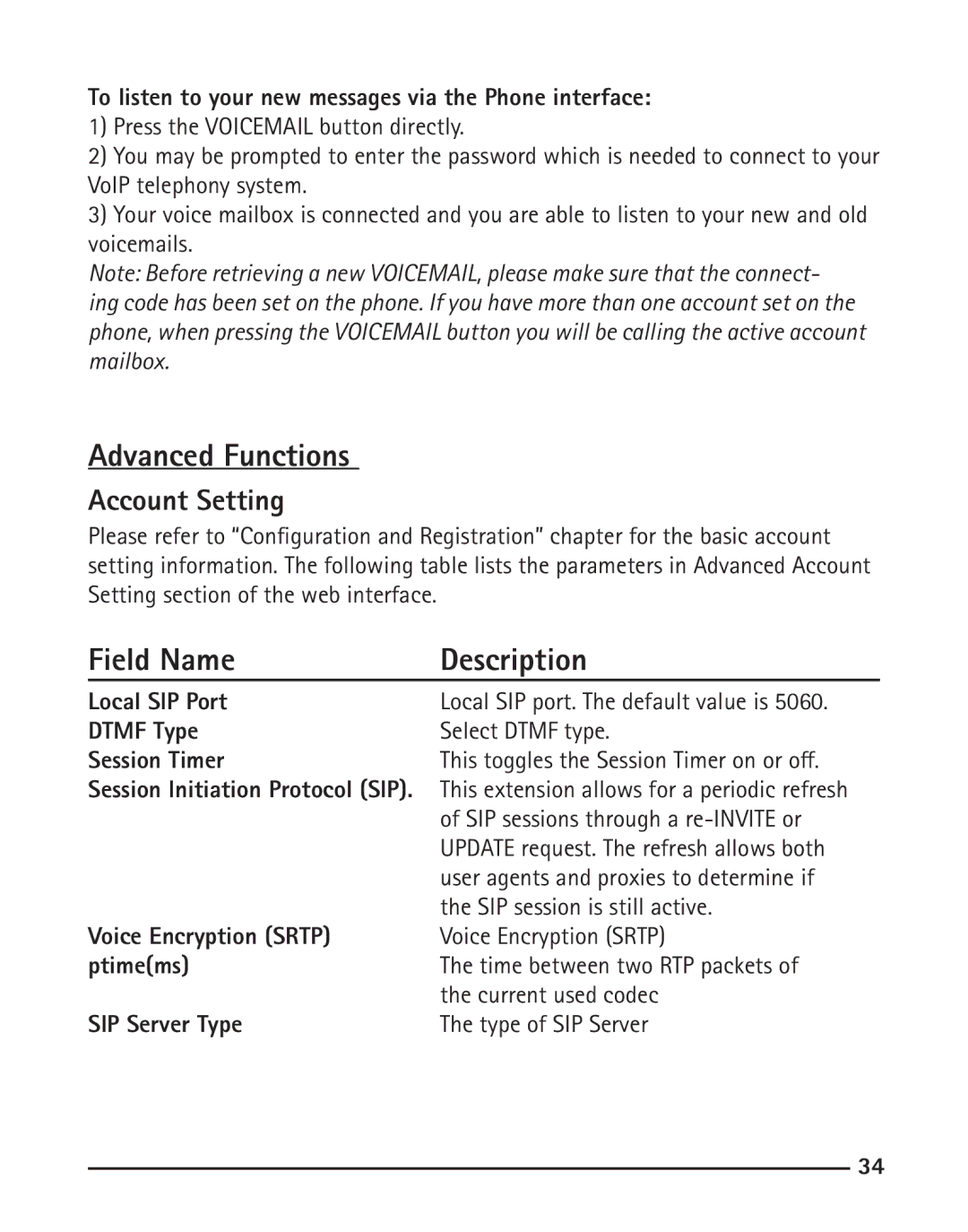 RCA IP110 manual Advanced Functions, Field Name Description, Account Setting 