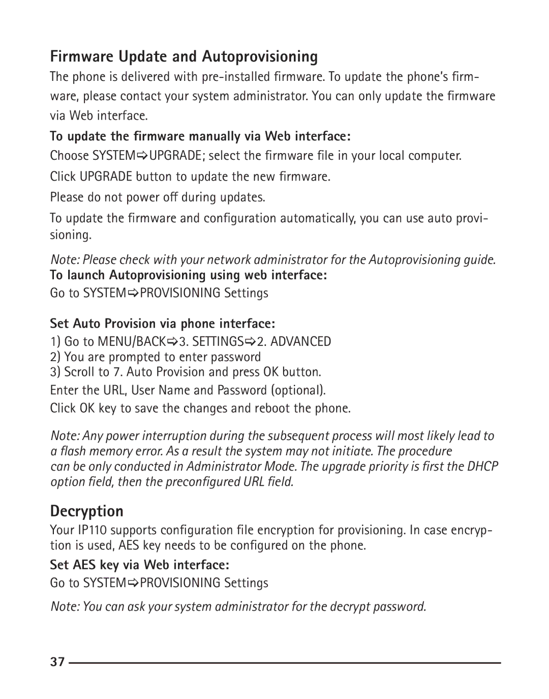 RCA IP110 manual Firmware Update and Autoprovisioning, Decryption 