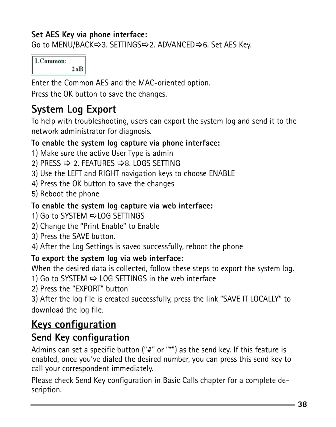 RCA IP110 manual System Log Export, Keys configuration 