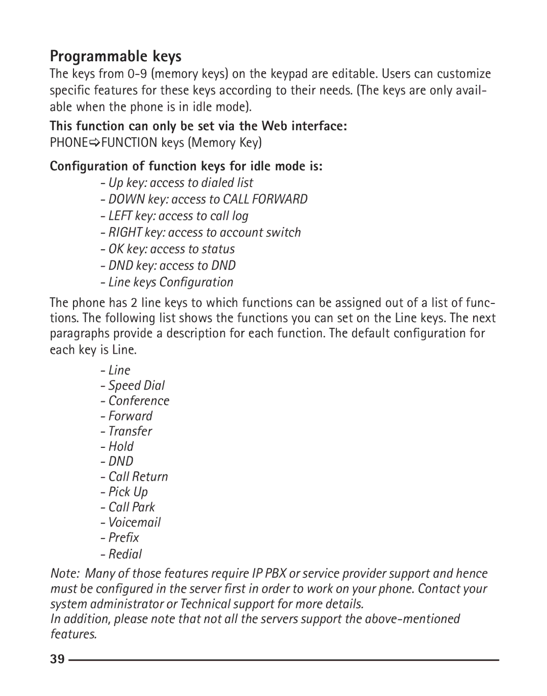 RCA IP110 manual Programmable keys, This function can only be set via the Web interface 